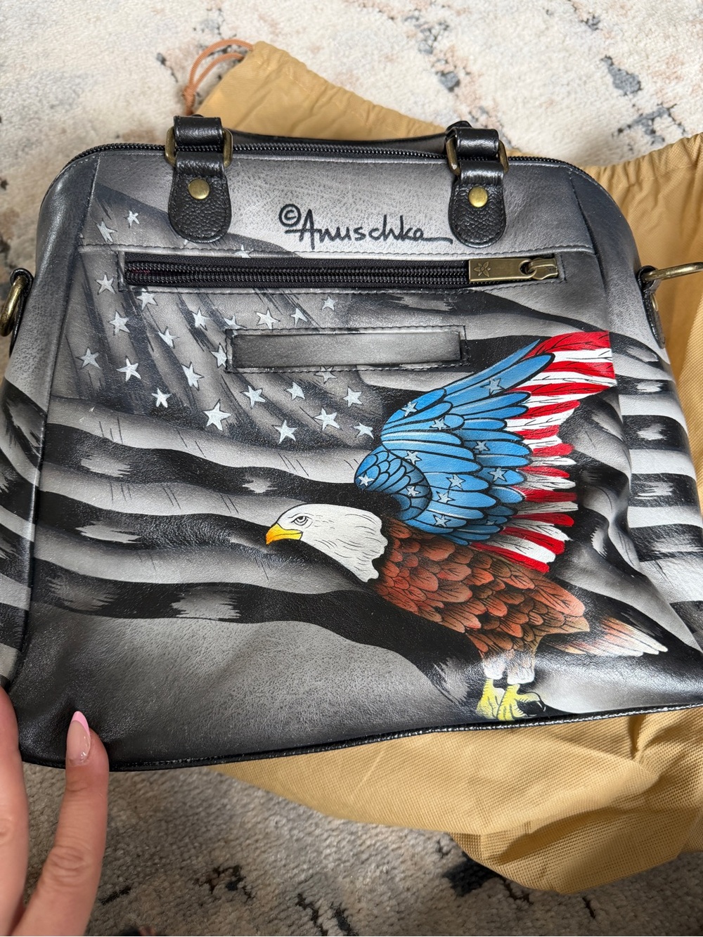 Anuschka Hand-Painted Leather Satchel — Patriotic Eagle on Gray
